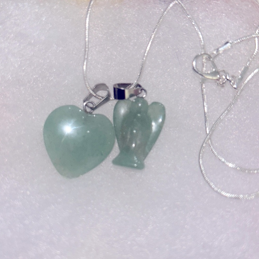 Boho Jade Crystal Angel and Heart Sterling Silver Necklace 16”